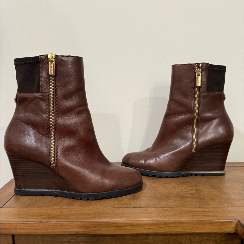 Michael Kors Womens Aileen Wedge Ankle Boots Brown Leather Size 8.5